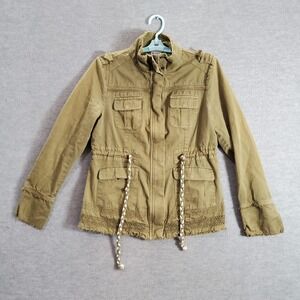BKE Women Jacket Medium Green Raw Edge Utility Full Zip Safari Cinch Waist